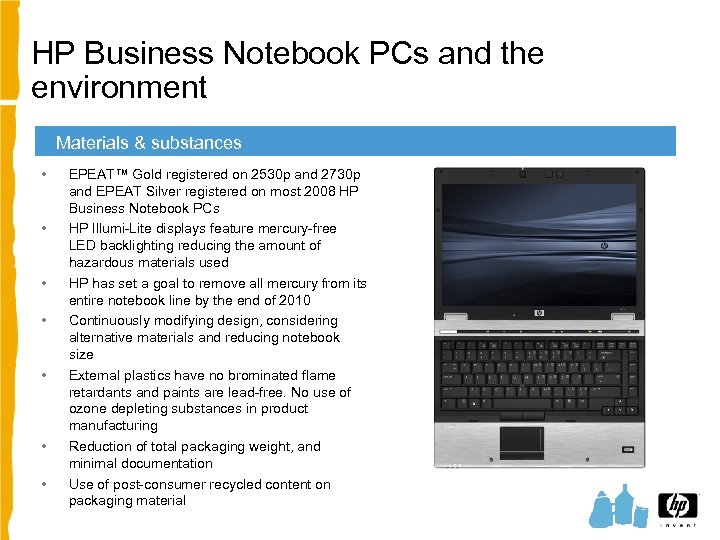 HP Business Notebook PCs and the environment Materials & substances • • EPEAT™ Gold