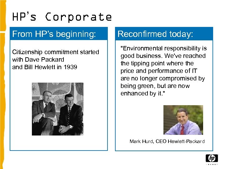 HP’s Corporate Commitment From HP’s beginning: Citizenship commitment started with Dave Packard and Bill