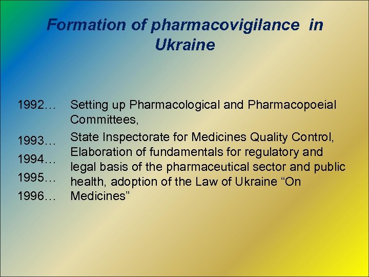 Formation of pharmacovigilance in Ukraine 1992… 1993… 1994… 1995… 1996… Setting up Pharmacological and
