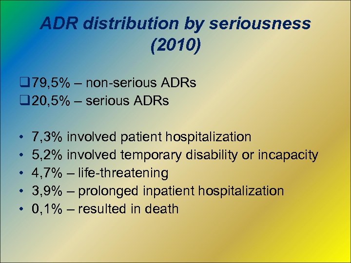 ADR distribution by seriousness (2010) q 79, 5% – non-serious ADRs q 20, 5%