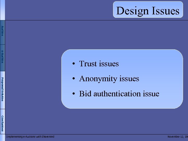 Design Issues Auction e-Auction • Trust issues Proposed Solution • Anonymity issues • Bid