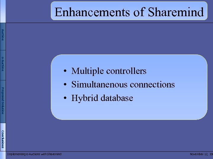 Enhancements of Sharemind Auction e-Auction Proposed Solution • Multiple controllers • Simultanenous connections •