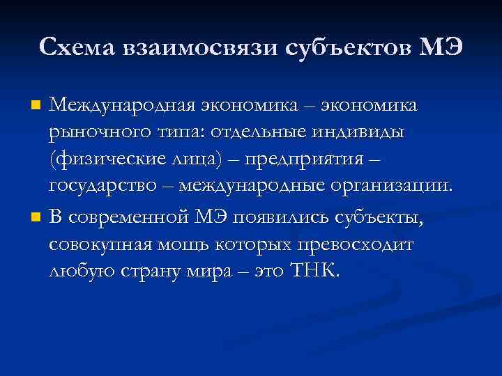 Схема взаимосвязи субъектов МЭ Международная экономика – экономика рыночного типа: отдельные индивиды (физические лица)