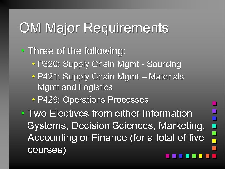 OM Major Requirements h Three of the following: h P 320: Supply Chain Mgmt