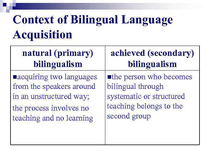 Context of Bilingual Language Acquisition natural (primary) bilingualism achieved (secondary) bilingualism nacquiring two languages