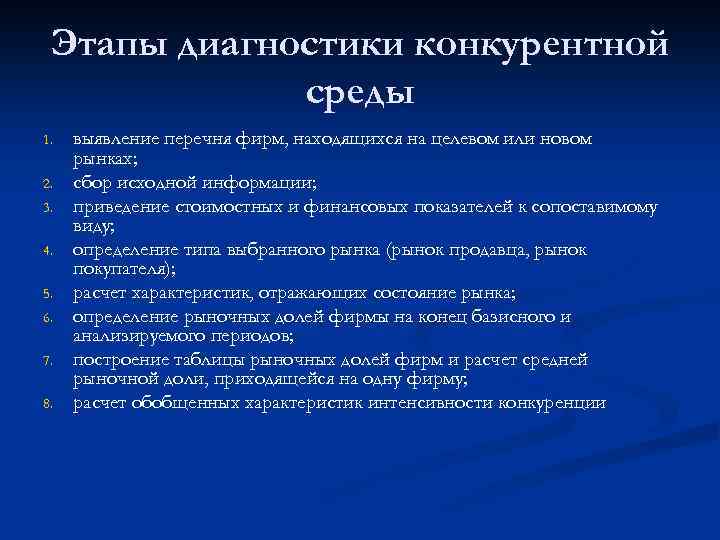 Этапы диагностики конкурентной среды 1. 2. 3. 4. 5. 6. 7. 8. выявление перечня