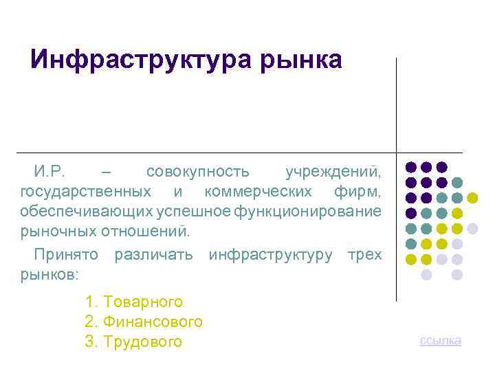 Инфраструктура рынка И. Р. – совокупность учреждений, государственных и коммерческих фирм, обеспечивающих успешное функционирование