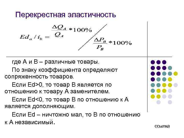 Перекрестная эластичность где А и В – различные товары. По знаку коэффициента определяют сопряженность