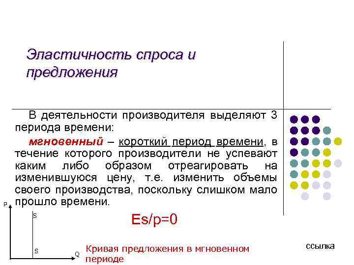 Эластичность спроса и предложения Р В деятельности производителя выделяют 3 периода времени: мгновенный –