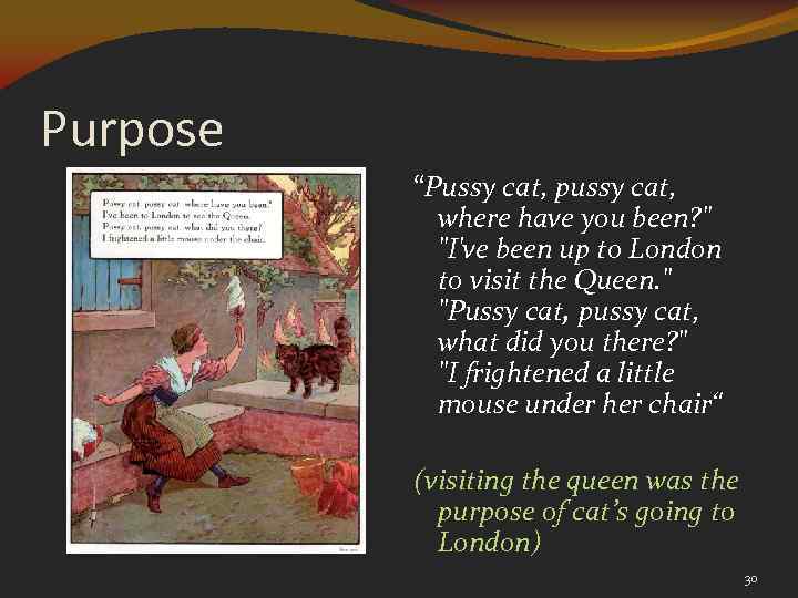 Purpose “Pussy cat, pussy cat, where have you been? " "I've been up to