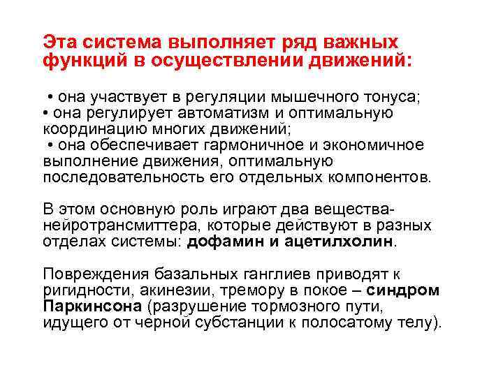 Эта система выполняет ряд важных функций в осуществлении движений: • она участвует в регуляции