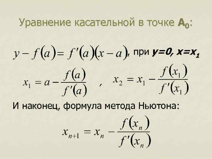 Уравнение касательной в точке A 0: , при y=0, x=x 1 , И наконец,