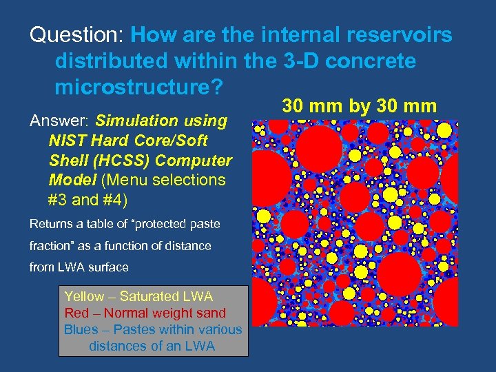 Question: How are the internal reservoirs distributed within the 3 -D concrete microstructure? Answer: