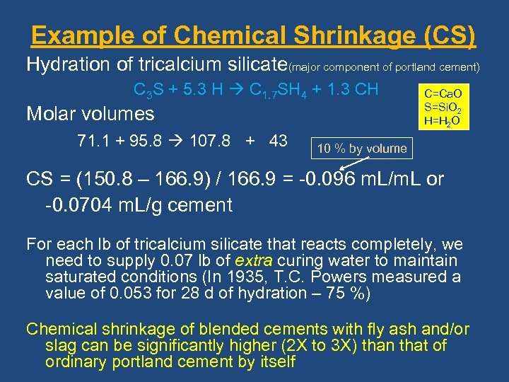 Example of Chemical Shrinkage (CS) Hydration of tricalcium silicate(major component of portland cement) C