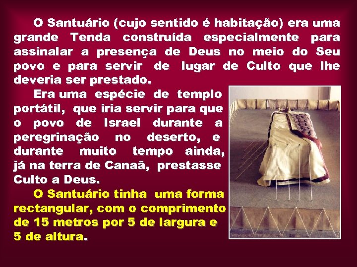 O Santuário (cujo sentido é habitação) era uma grande Tenda construída especialmente para assinalar