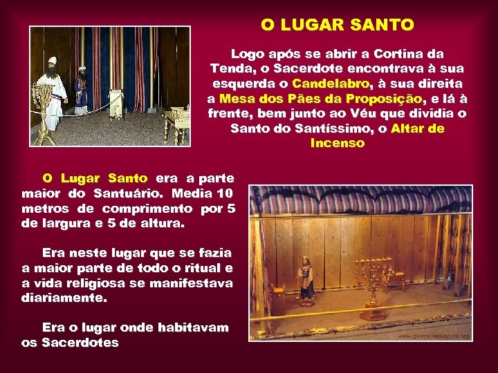 O LUGAR SANTO Logo após se abrir a Cortina da Tenda, o Sacerdote encontrava