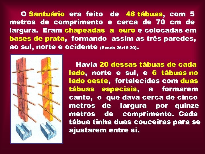 O Santuário era feito de 48 tábuas, com 5 metros de comprimento e cerca