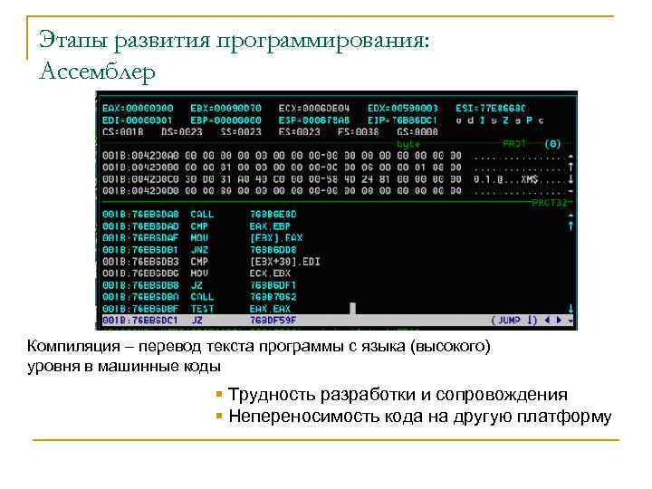 Этапы развития программирования: Ассемблер Компиляция – перевод текста программы с языка (высокого) уровня в