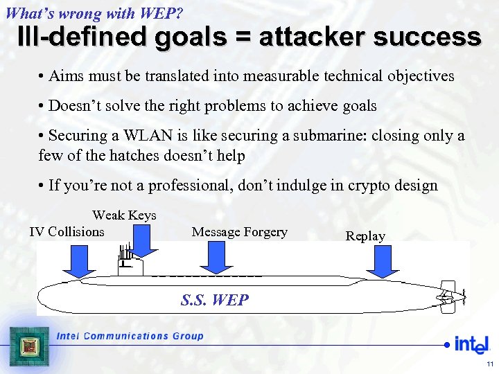 What’s wrong with WEP? Ill-defined goals = attacker success • Aims must be translated