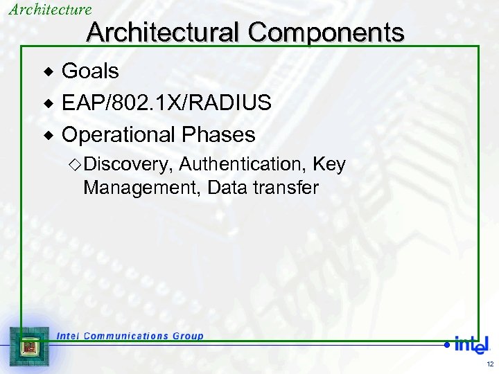 Architecture Architectural Components Goals ® EAP/802. 1 X/RADIUS ® Operational Phases ® ¯Discovery, Authentication,