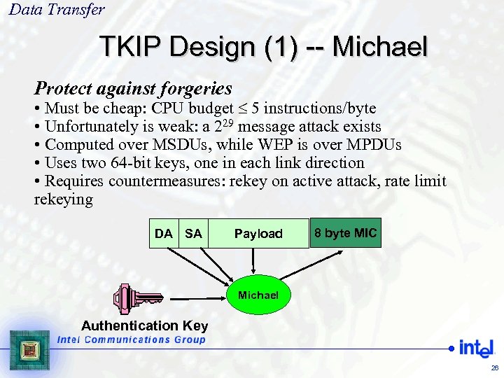 Data Transfer TKIP Design (1) -- Michael Protect against forgeries • Must be cheap: