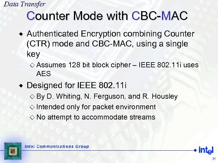 Data Transfer Counter Mode with CBC-MAC ® Authenticated Encryption combining Counter (CTR) mode and