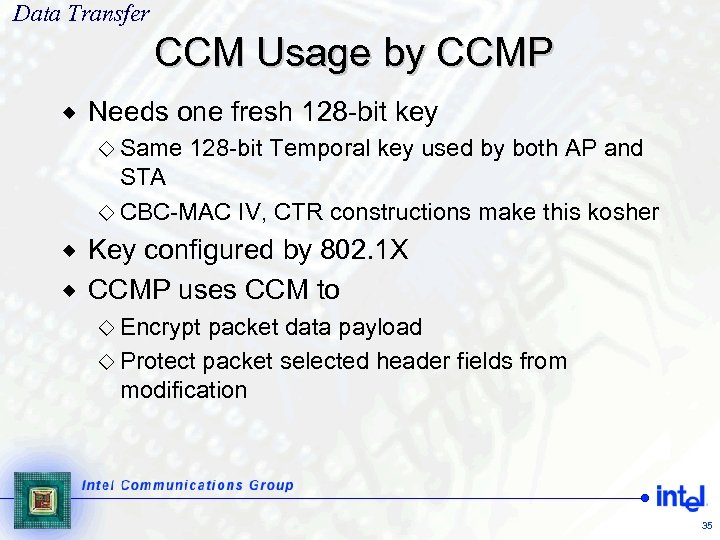 Data Transfer CCM Usage by CCMP ® Needs one fresh 128 -bit key ¯