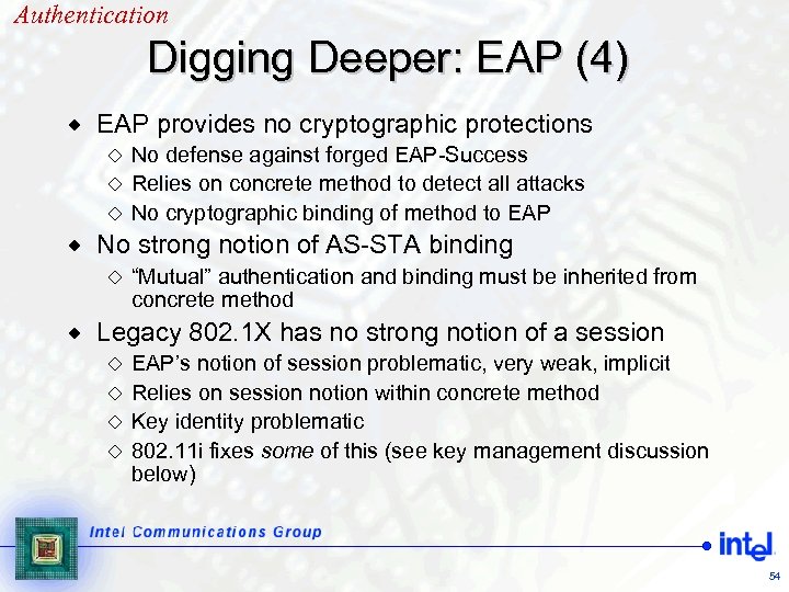 Authentication Digging Deeper: EAP (4) ® EAP provides no cryptographic protections No defense against