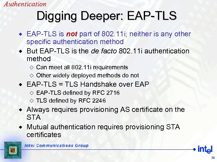 Authentication Digging Deeper: EAP-TLS is not part of 802. 11 i; neither is any