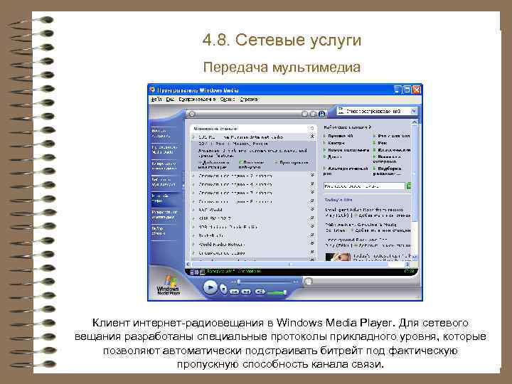 4. 8. Сетевые услуги Передача мультимедиа Клиент интернет-радиовещания в Windows Media Player. Для сетевого