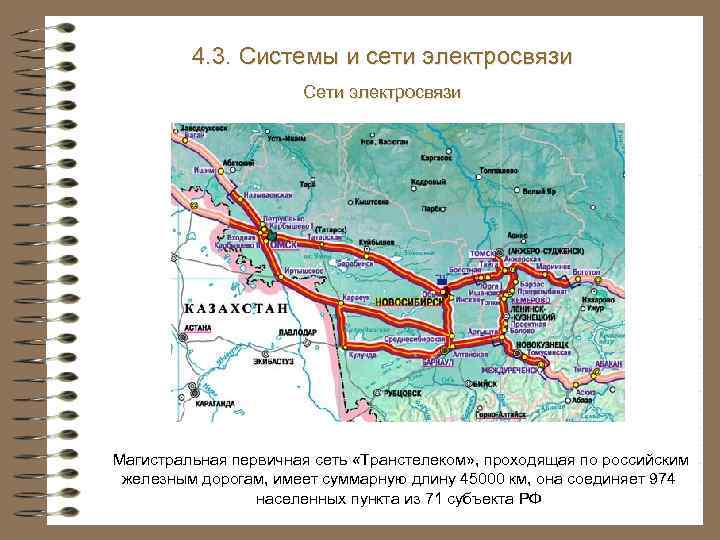 4. 3. Системы и сети электросвязи Сети электросвязи Магистральная первичная сеть «Транстелеком» , проходящая