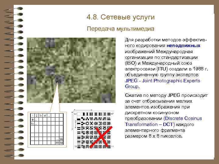 4. 8. Сетевые услуги Передача мультимедиа Для разработки методов эффективного кодирования неподвижных изображений Международная