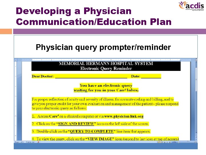 Developing a Physician Communication/Education Plan Physician query prompter/reminder 