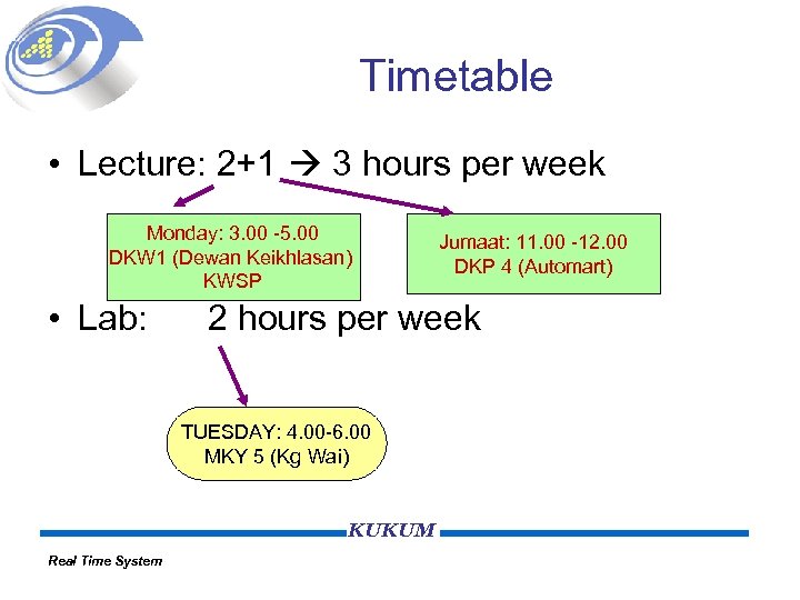 Timetable • Lecture: 2+1 3 hours per week Monday: 3. 00 -5. 00 DKW