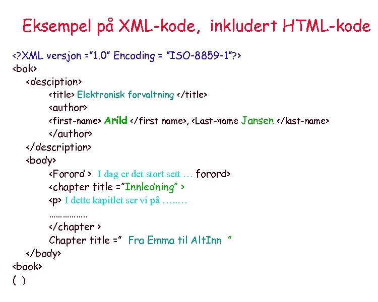 Eksempel på XML-kode, inkludert HTML-kode <? XML versjon =” 1. 0” Encoding = ”ISO-8859