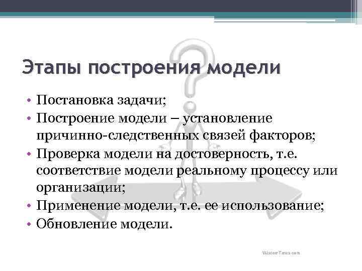 Этапы построения модели • Постановка задачи; • Построение модели – установление причинно-следственных связей факторов;