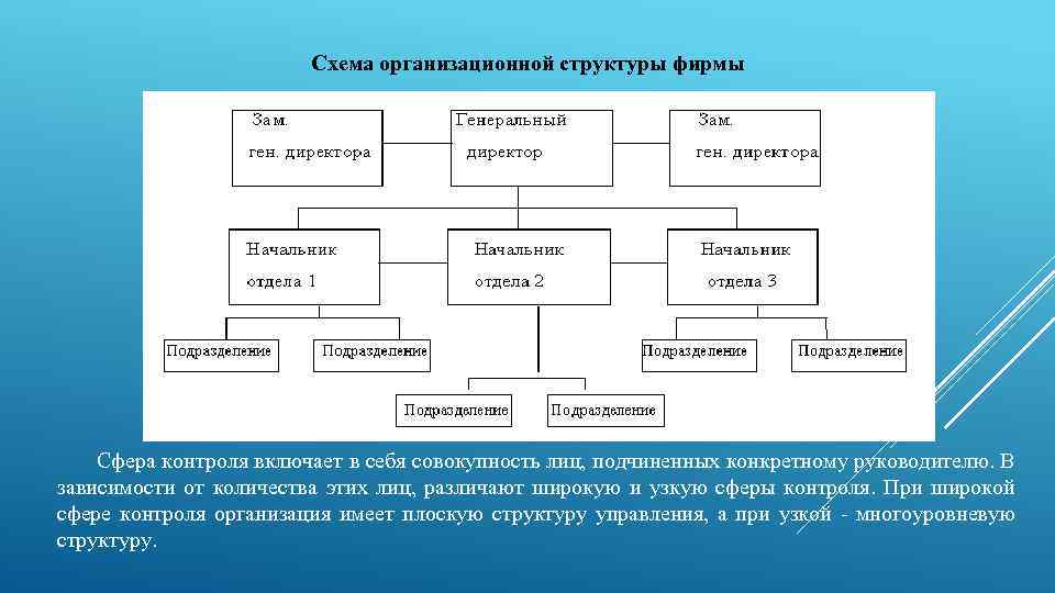 Схема организационной структуры фирмы Сфера контроля включает в себя совокупность лиц, подчиненных конкретному руководителю.