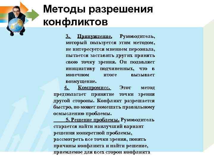 Методы разрешения конфликтов 3. Принуждение. Руководитель, который пользуется этим методом, не интересуется мнением персонала,