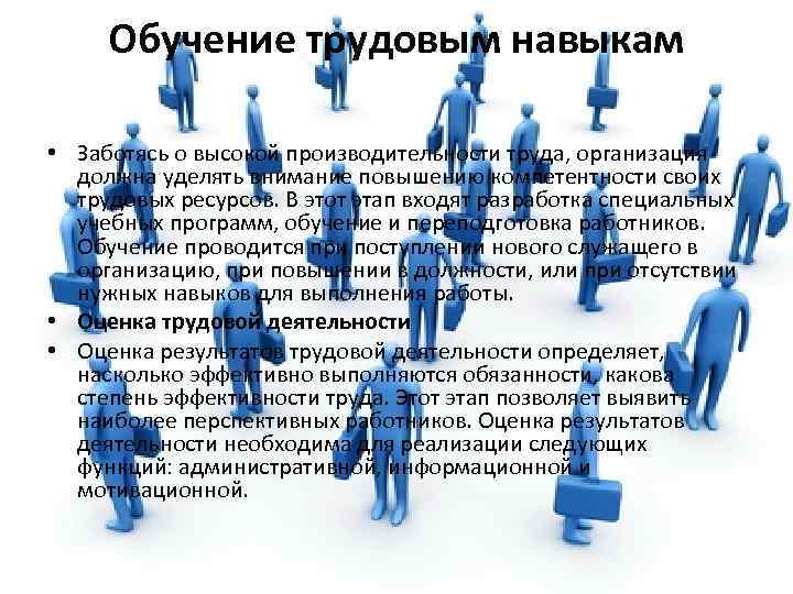 Обучение трудовым навыкам • Заботясь о высокой производительности труда, организация должна уделять внимание повышению