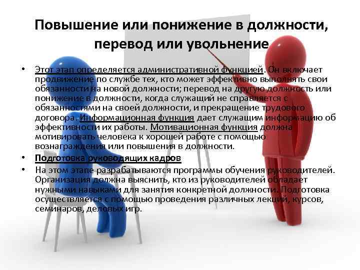 Повышение или понижение в должности, перевод или увольнение • Этот этап определяется административной функцией.