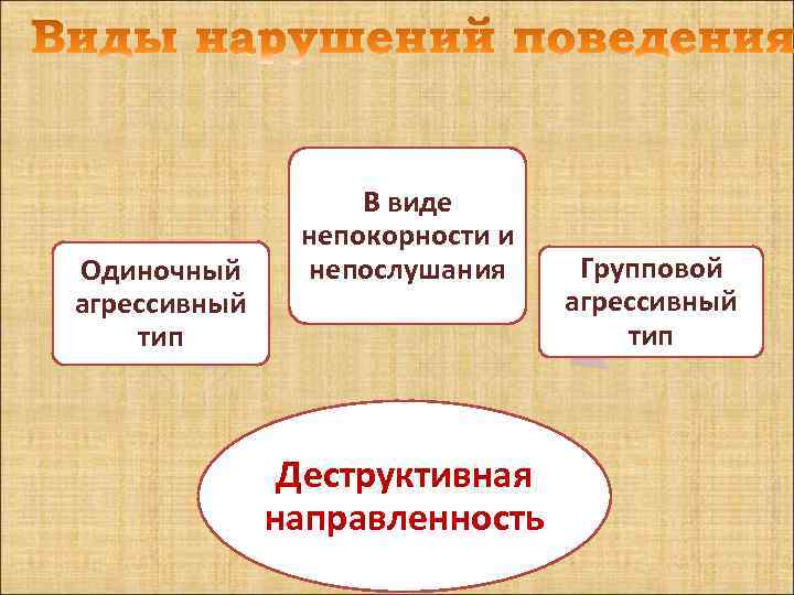 Одиночный агрессивный тип В виде непокорности и непослушания Деструктивная направленность Групповой агрессивный тип 