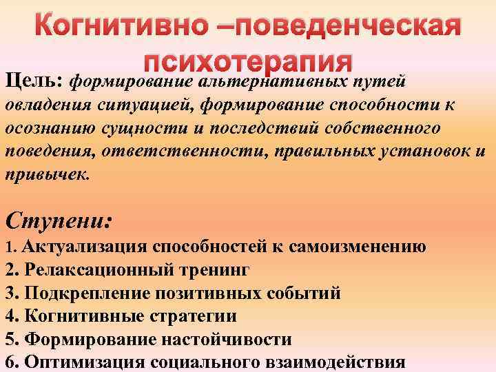 Когнитивно –поведенческая психотерапия Цель: формирование альтернативных путей овладения ситуацией, формирование способности к осознанию сущности