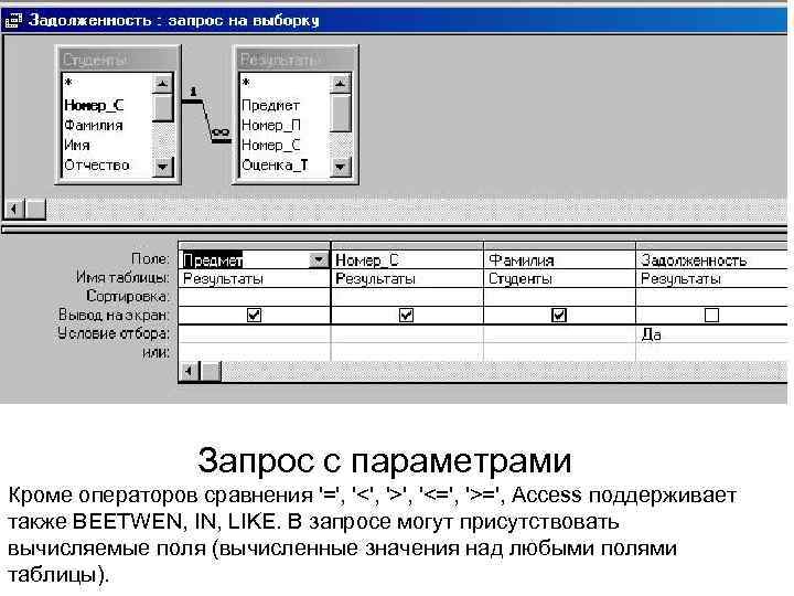 Запрос с параметрами Кроме операторов сравнения '=', '<', '>', '<=', '>=', Access поддерживает также