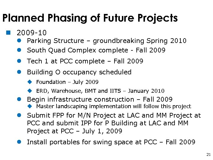 Planned Phasing of Future Projects n 2009 -10 l Parking Structure – groundbreaking Spring