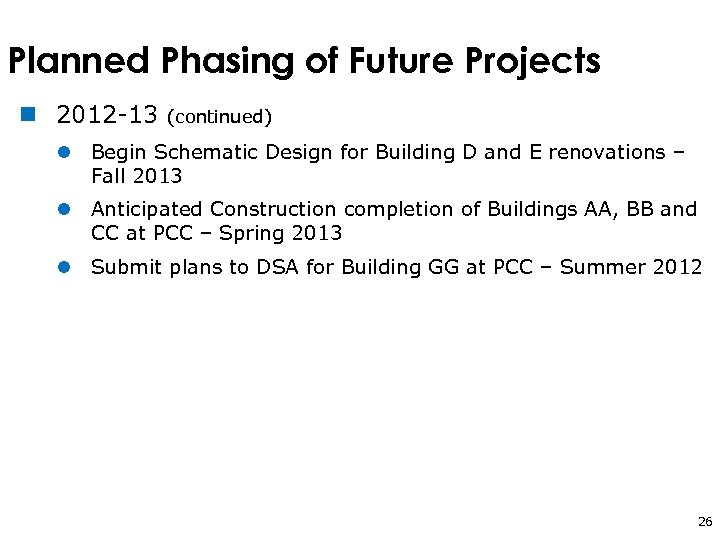 Planned Phasing of Future Projects n 2012 -13 (continued) l Begin Schematic Design for