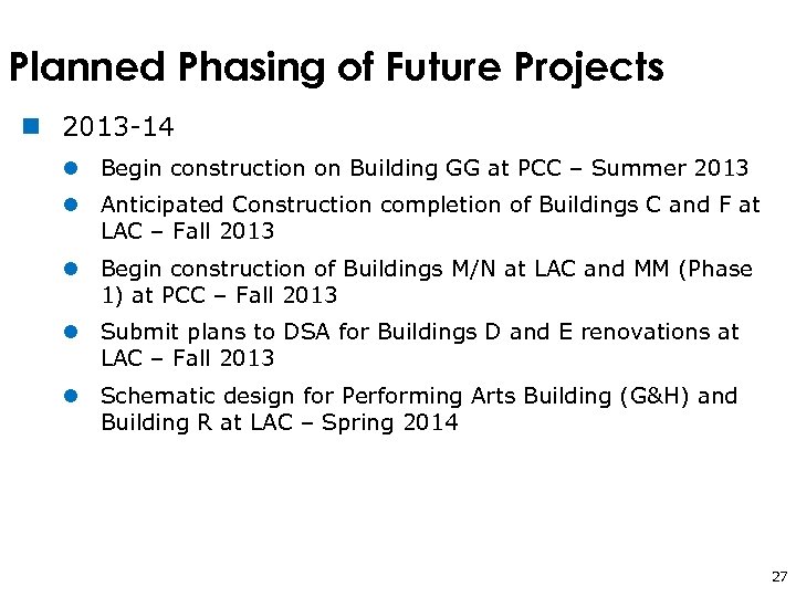 Planned Phasing of Future Projects n 2013 -14 l Begin construction on Building GG