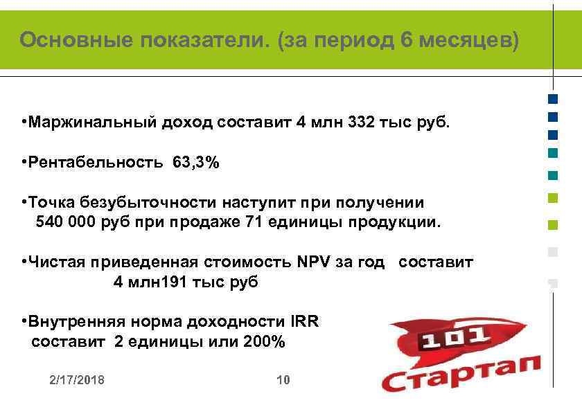 Основные показатели. (за период 6 месяцев) • Маржинальный доход составит 4 млн 332 тыс