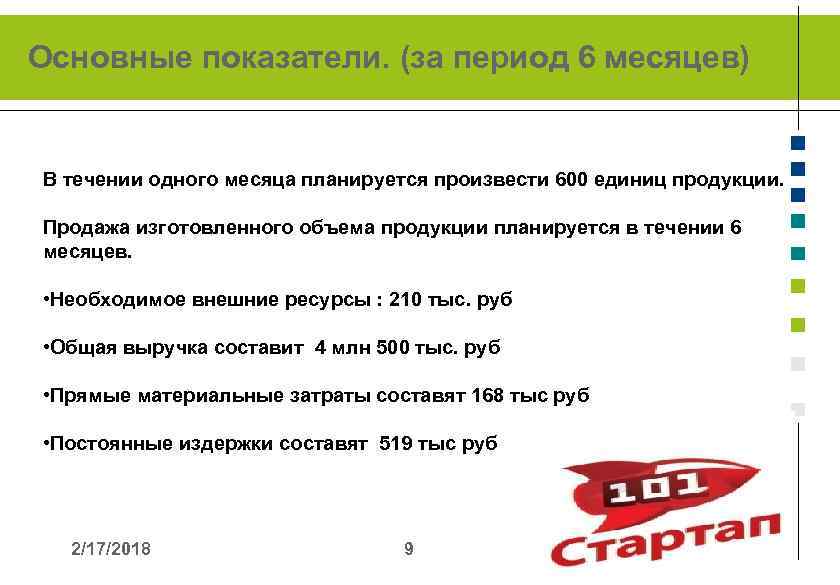 Основные показатели. (за период 6 месяцев) В течении одного месяца планируется произвести 600 единиц