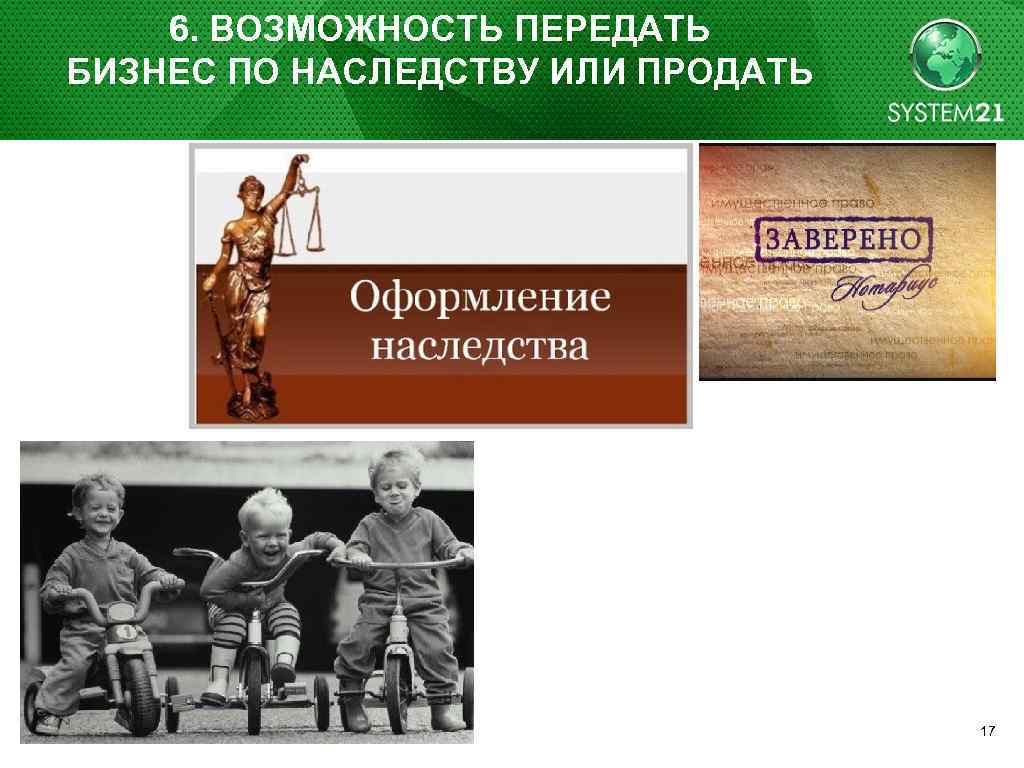 6. ВОЗМОЖНОСТЬ ПЕРЕДАТЬ БИЗНЕС ПО НАСЛЕДСТВУ ИЛИ ПРОДАТЬ 17 