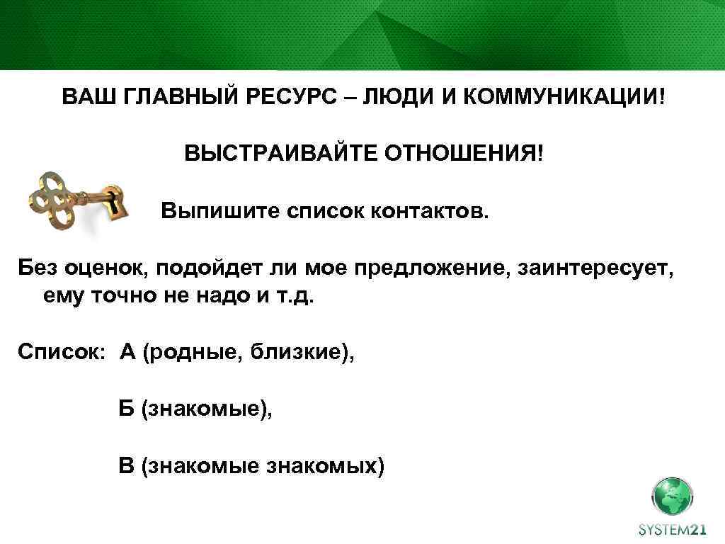 ВАШ ГЛАВНЫЙ РЕСУРС – ЛЮДИ И КОММУНИКАЦИИ! ВЫСТРАИВАЙТЕ ОТНОШЕНИЯ! ВЫП Выпишите список контактов. Без